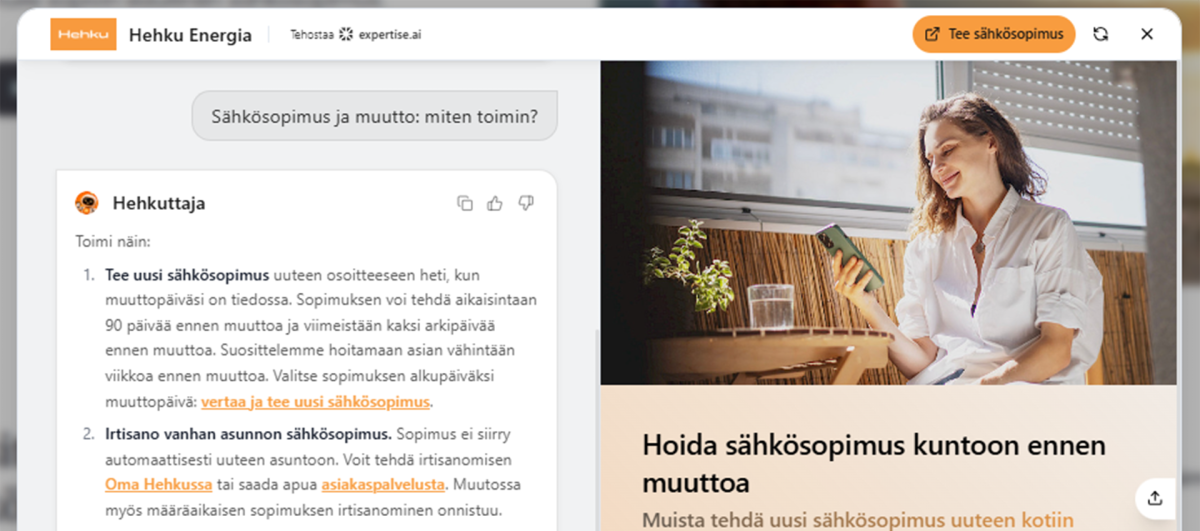 Näkymä Hehkun Ai-chatin keskustelusta