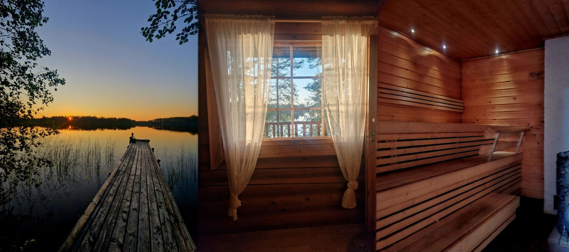 Hietajärven Helmellä. Laituri ilta-auringossa, ikkuna valkoisilla verhoilla ja puuverhoiltu sauna.