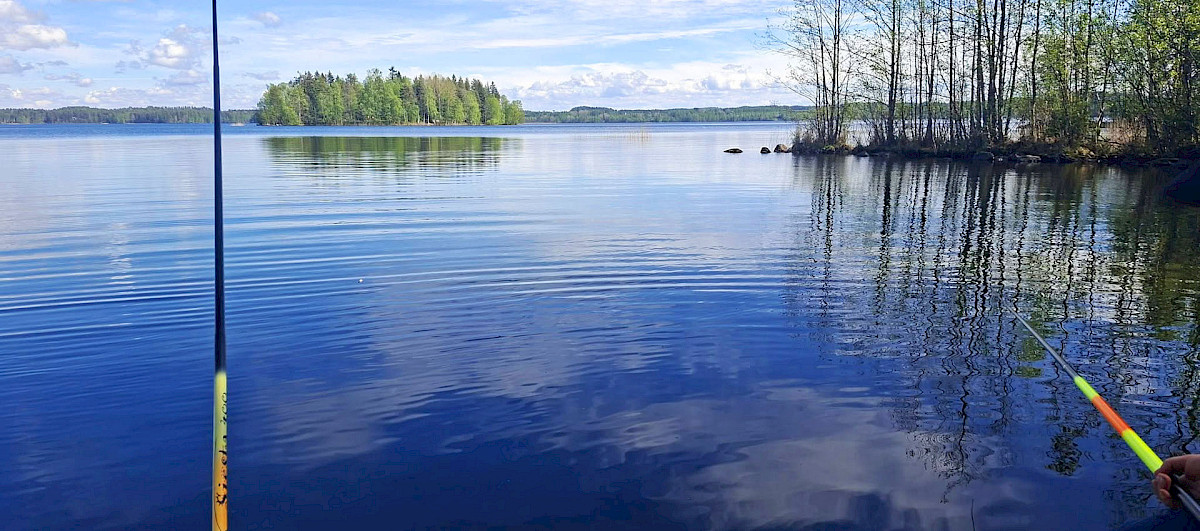 Kesäinen järvimaisema, jossa on kaksi mato-onkea.
